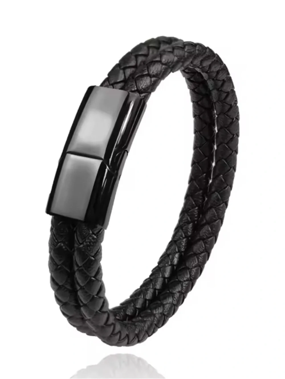 Men’s Boy Black Double Braided Leather Wrap Bracelet Simple Minimalist 8”